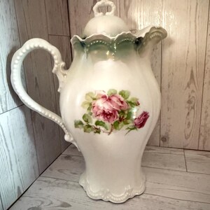 Antique Leuchtenburg Germany Porcelain Chocolate Pot – Pink Cabbage Rose Pitcher (1900-1910)