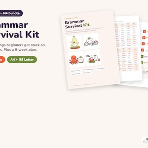 May include: A Grammar Survival Kit bundle for JLPT N5 and N4 levels, featuring 43 pages in A4 and US Letter formats. The document includes illustrated grammar guides with cartoon characters, conjugation charts, and a 6-week study plan.