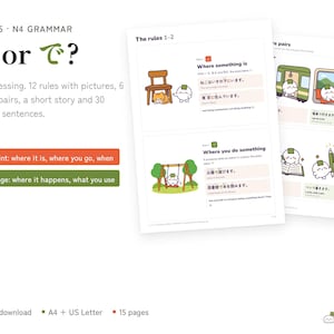 May include: A digital educational guide titled JLPT N5-N4 Grammar: Ni or De? featuring 12 rules, 6 picture pairs, a short story, and 30 practice sentences. The document includes illustrations of a character and text explaining Japanese grammar.
