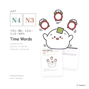 Puede incluir: Guía de estudio educativa para los niveles JLPT N4 y N3 titulada Time Words. Presenta un personaje blanco con un cuadrado verde en la cabeza haciendo malabares con tres despertadores rojos. Incluye texto en japonés e inglés, y dos páginas.
