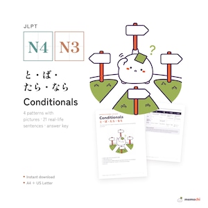 May include: A digital study guide for JLPT N4 and N3 Japanese conditionals. The document features a cartoon character standing at a crossroads with four signposts, text explaining grammar patterns, 21 example sentences, and an answer key.