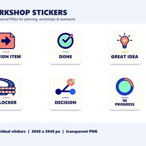 Puede incluir: Un conjunto de pegatinas digitales para talleres con iconos para Action Item, Done, Great Idea, Blocker, Decision e In Progress. Cada pegatina es cuadrada con esquinas redondeadas, fondo claro y elementos gráficos coloridos.