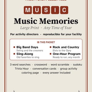 Music Trivia for Seniors, Large Print Activity Packet, Oldies Sing Along & Puzzles, Memory Care