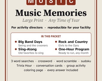Music Trivia for Seniors, Large Print Activity Packet, Oldies Sing Along & Puzzles, Memory Care