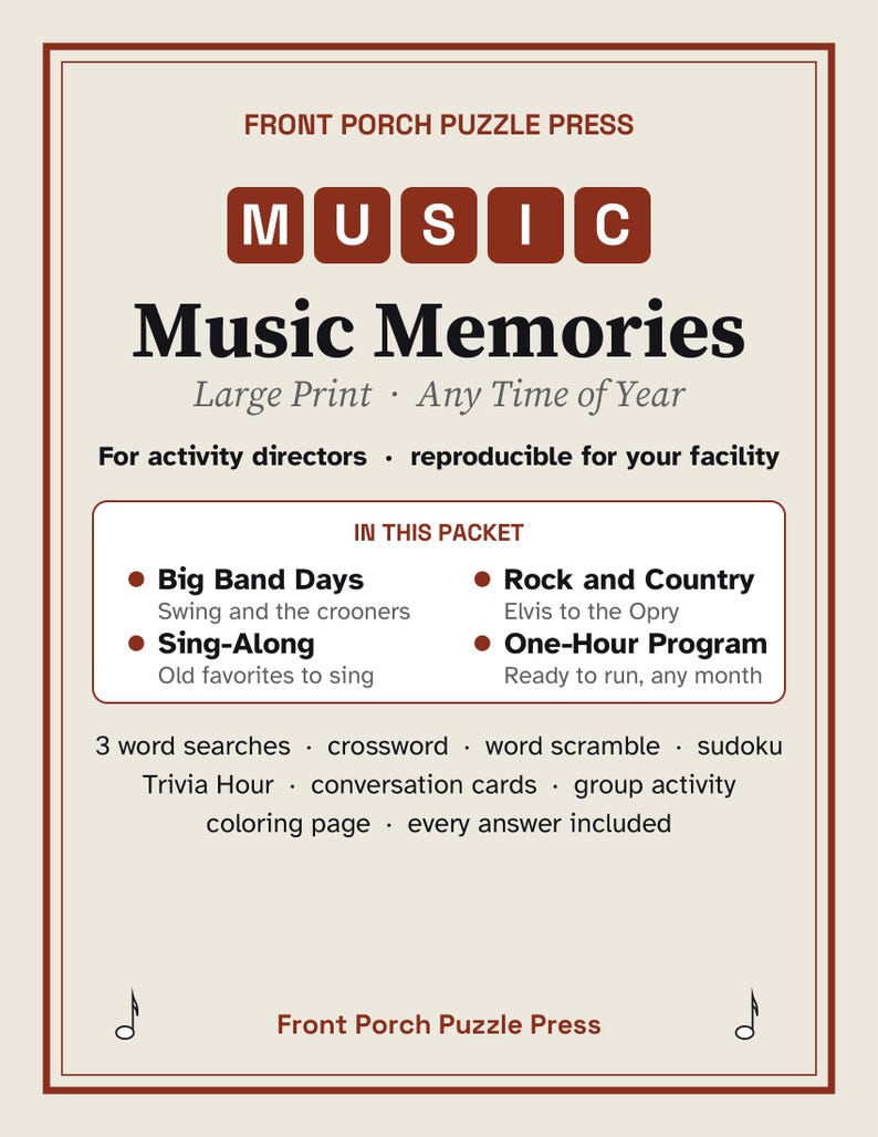 Music Trivia for Seniors, Large Print Activity Packet, Oldies Sing Along & Puzzles, Memory Care image 1