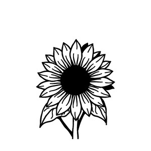 May include: A black and white line art illustration of a sunflower with a large central disk and numerous petals. The word Sunflower is printed in a bold, black serif font above the flower, which features two leaves at the base of the stem.