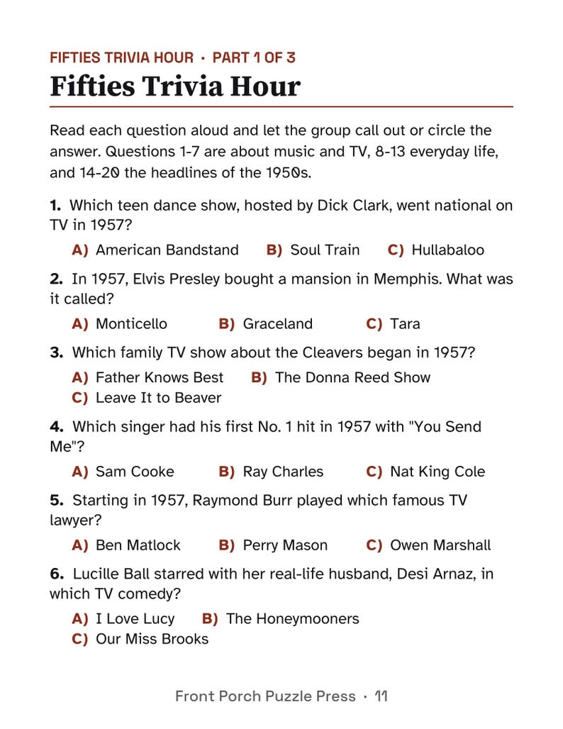 1950s Large Print Activity Packet for Seniors, Fifties Trivia & Puzzles, Memory Care Reminiscence image 5