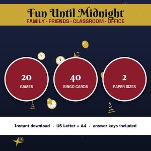 Może przedstawiać: Cyfrowy zestaw gier zatytułowany Fun Until Midnight dla rodziny, przyjaci&oacute;ł, klasy i biura. Zawiera 20 gier, 40 kart bingo i 2 rozmiary papieru. Ciemnoniebieskie tło zawiera złote grafiki zegar&oacute;w, gwiazd i balon&oacute;w. Tekst: Instant download, US Letter + A4, answer keys included.