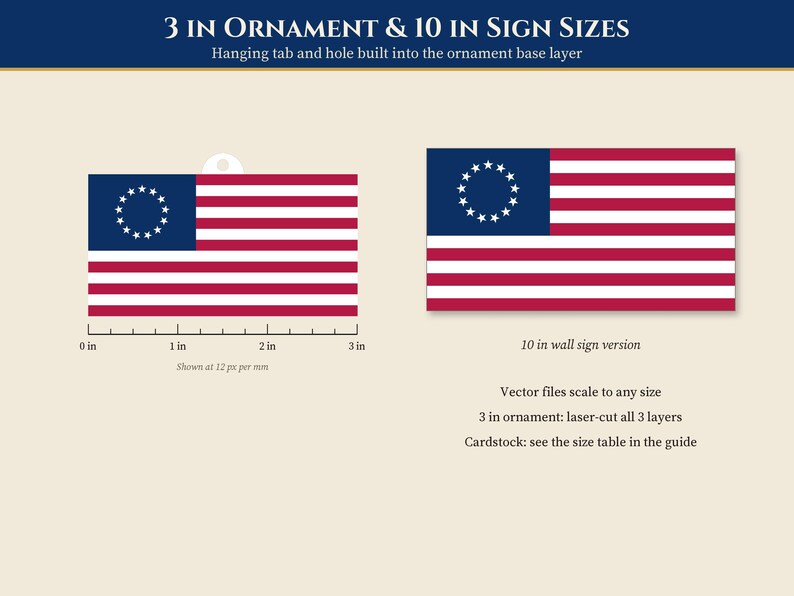Pu&ograve; includere: Un ornamento di 7,62 cm e un cartello di 25,4 cm con il design della bandiera di Betsy Ross, con strisce rosse e bianche e un cantone blu con un cerchio di tredici stelle bianche. L'ornamento include una linguetta per appenderlo.