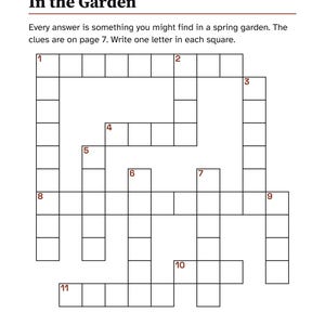 May include: A crossword puzzle titled In the Garden for Welcome Spring Week. The page features a grid of empty squares with numbered clues, instructions to write one letter per square, and the text Front Porch Puzzle Press 6 at the bottom.