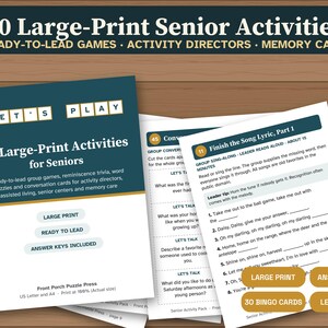 May include: A collection of printable activity sheets titled 50 Large-Print Activities for Seniors, featuring group games, trivia, and conversation cards. The pages include text such as Let's Play, Finish the Song Lyric, and Answer Keys Included.