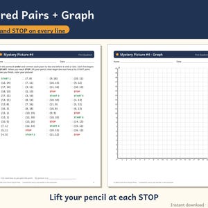 Pu&ograve; includere: Una scheda didattica stampabile intitolata Ordered Pairs + Graph con Mystery Picture #4. La pagina sinistra elenca punti di coordinate con istruzioni START e STOP, mentre la destra mostra una griglia cartesiana vuota.