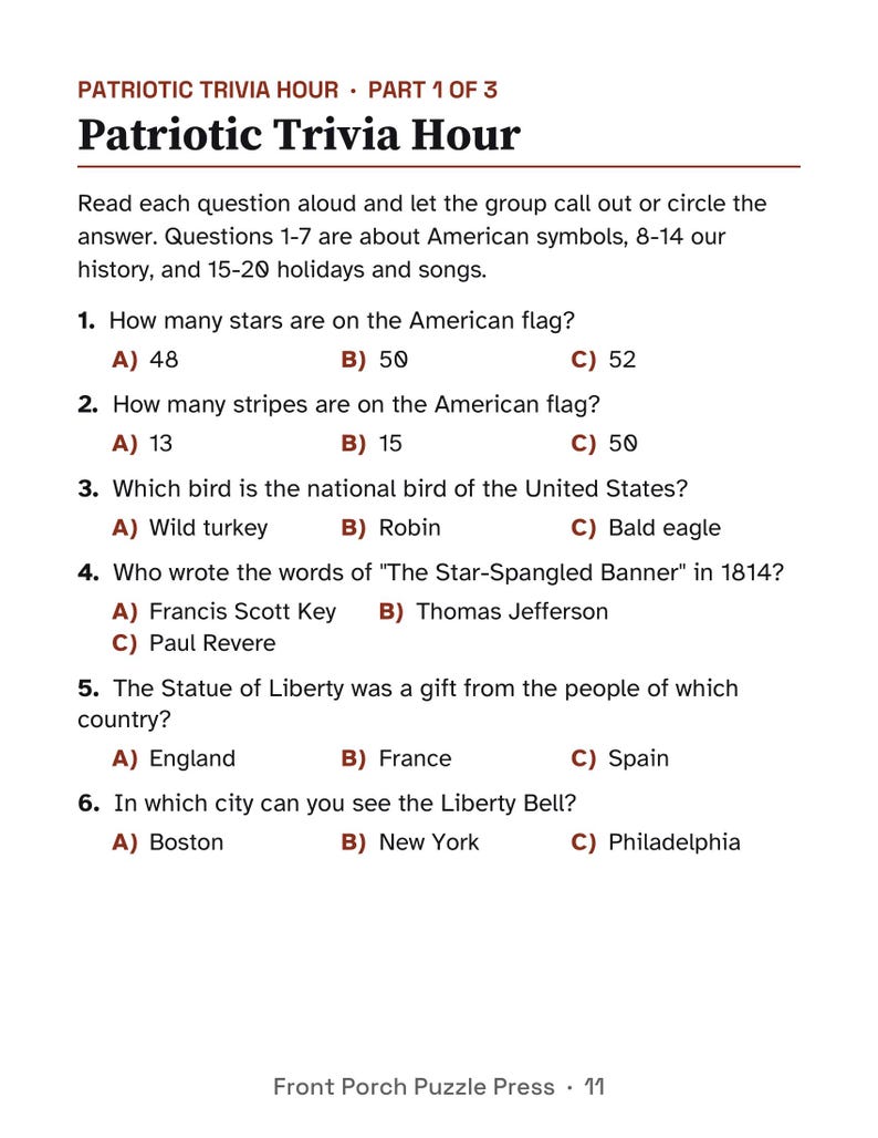 Patriottische activiteiten voor senioren, activiteitenpakket in grote letters, Amerika-weetjes en -puzzels, geheugenverzorging afbeelding 5