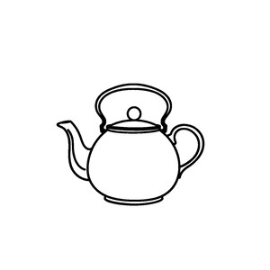 Puede incluir: Un dibujo de l&iacute;neas en blanco y negro de una tetera con un pico curvo, un cuerpo redondeado, una tapa con un peque&ntilde;o pomo y un asa. La palabra Teapot est&aacute; impresa en texto negro sobre la ilustraci&oacute;n de la tetera en un fondo blanco.