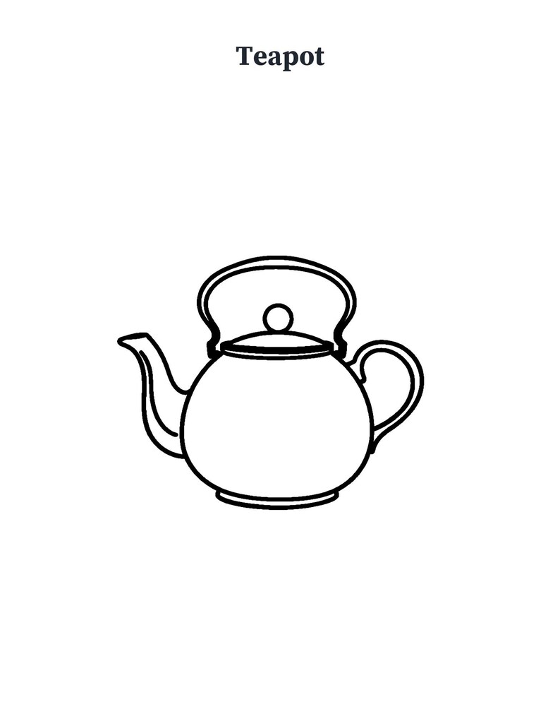 Puede incluir: Un dibujo de l&iacute;neas en blanco y negro de una tetera con un pico curvo, un cuerpo redondeado, una tapa con un peque&ntilde;o pomo y un asa. La palabra Teapot est&aacute; impresa en texto negro sobre la ilustraci&oacute;n de la tetera en un fondo blanco.