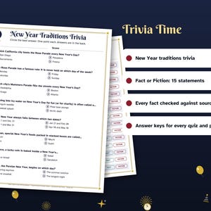 Może przedstawiać: Arkusz quizu New Year Traditions Trivia z ośmioma pytaniami wielokrotnego wyboru, zawierający nagł&oacute;wek z tytułem oraz pole na imię i wynik. Obok znajduje się lista czterech punkt&oacute;w podkreślających cechy, takie jak fakty lub fikcja.