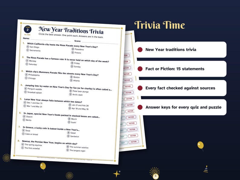 Może przedstawiać: Arkusz quizu New Year Traditions Trivia z ośmioma pytaniami wielokrotnego wyboru, zawierający nagł&oacute;wek z tytułem oraz pole na imię i wynik. Obok znajduje się lista czterech punkt&oacute;w podkreślających cechy, takie jak fakty lub fikcja.