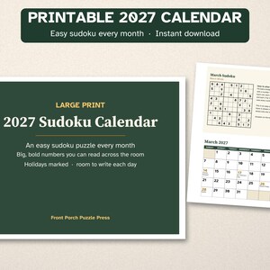 Printable 2027 Calendar, Large Print, Easy Sudoku Every Month image 1