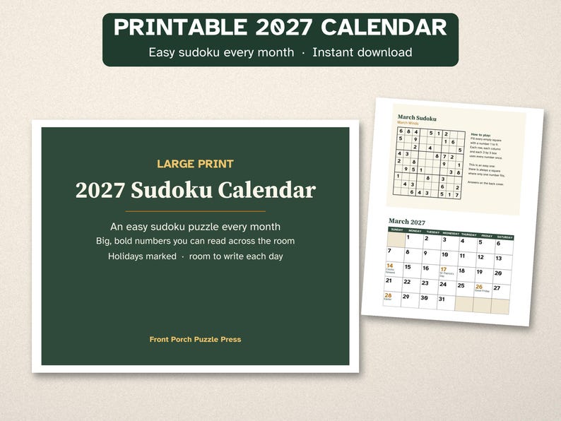 Printable 2027 Calendar, Large Print, Easy Sudoku Every Month image 1