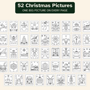 May include: A coloring book collection titled 52 Christmas Pictures, One Big Picture On Every Page, featuring fifty-two individual black and white line art illustrations of holiday themes including snowmen, trees, and ornaments.