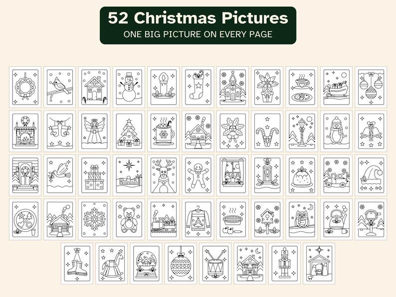 May include: A coloring book collection titled 52 Christmas Pictures, One Big Picture On Every Page, featuring fifty-two individual black and white line art illustrations of holiday themes including snowmen, trees, and ornaments.