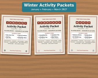 Paquetes de actividades de invierno en letra grande para personas mayores, paquete de enero, febrero y marzo, rompecabezas y preguntas de cultura general.