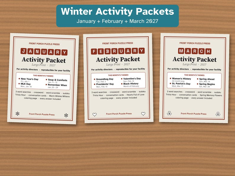 Winter Large Print Activity Packets for Seniors, January February March Bundle, Puzzles & Trivia image 1