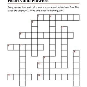 May include: A crossword puzzle titled Hearts and Flowers for Valentine's Week. The page includes instructions to write one letter in each square, a grid of empty boxes numbered 1 through 12, and the text Front Porch Puzzle Press 6.