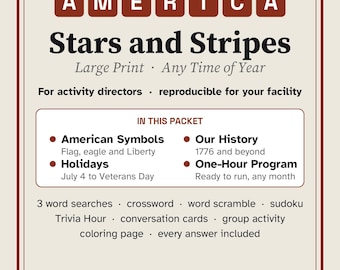 Patriotic Activities for Seniors, Large Print Activity Packet, America Trivia & Puzzles, Memory Care
