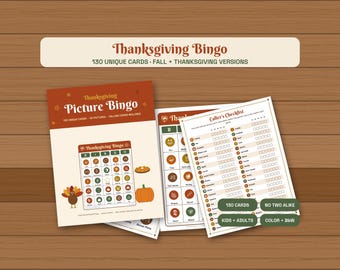 Thanksgiving Bingo 130 Unique Cards, Printable Fall Picture Bingo Game