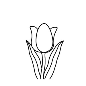 May include: A black and white line drawing of a tulip flower with a central stem and two leaves. The word Tulip is printed in a bold black serif font above the flower illustration. The design features clean, simple outlines on a white background.