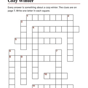 May include: A crossword puzzle titled Cozy Winter, part of Winter Wonderland Week. The page includes instructions to write one letter in each square, with numbered clues and a grid for eleven words. The footer reads Front Porch Puzzle Press 6.