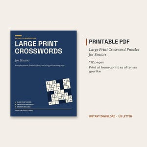 Könnte beinhalten: Ein dunkelblaues Buchcover mit dem Titel Large Print Crosswords for Seniors, weißem Text und einer kleinen Kreuzworträtsel-Grafik. Der Text enthält 48 Easy-to-Read Puzzles, Everyday words, friendly clues, and a big grid on every page.