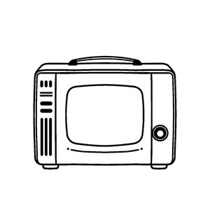Puede incluir: Un dibujo de l&iacute;neas en blanco y negro de un televisor port&aacute;til con un asa en la parte superior. La pantalla est&aacute; centrada, con botones de control verticales a la izquierda y un dial circular a la derecha. La palabra Television aparece arriba.