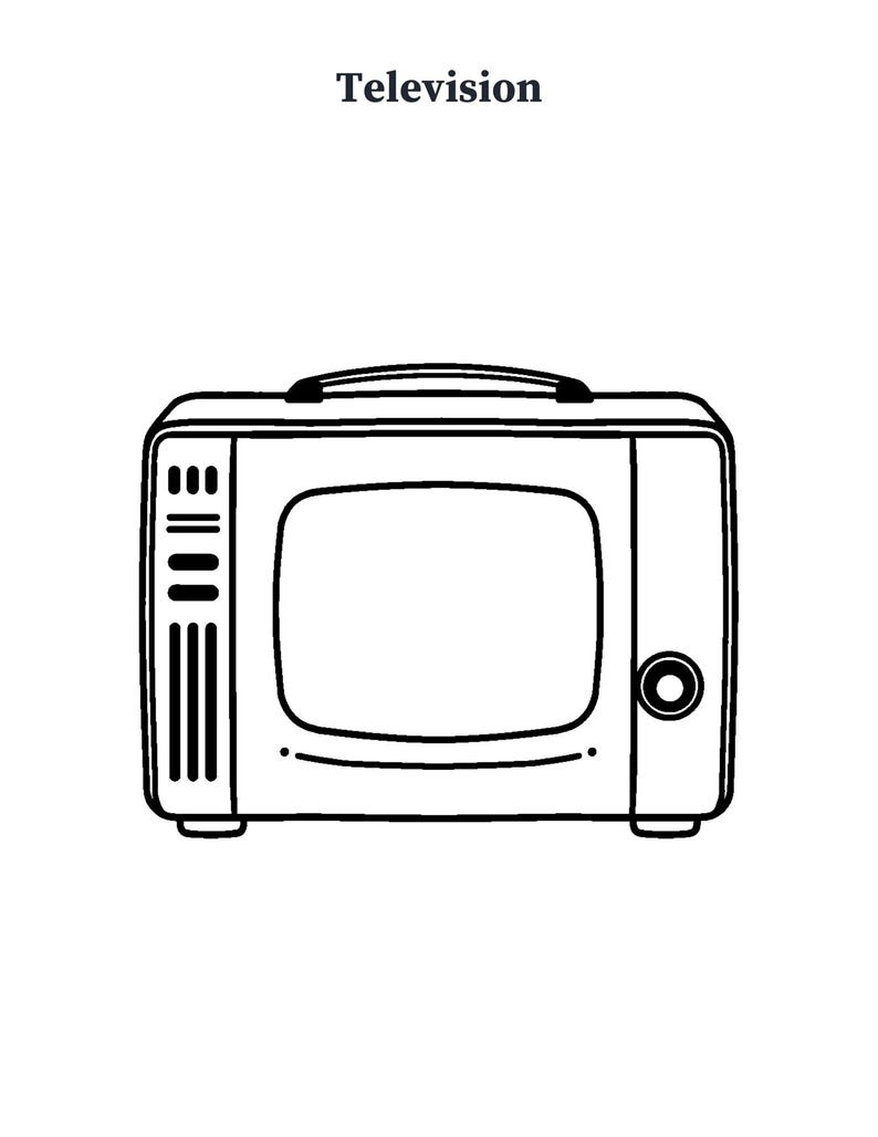 Puede incluir: Un dibujo de l&iacute;neas en blanco y negro de un televisor port&aacute;til con un asa en la parte superior. La pantalla est&aacute; centrada, con botones de control verticales a la izquierda y un dial circular a la derecha. La palabra Television aparece arriba.