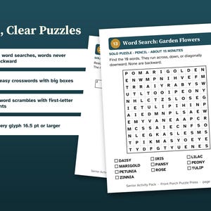 May include: A collection of activity pages titled Big, Clear Puzzles featuring word searches, crosswords, and word scrambles. The visible page is Word Search: Garden Flowers with a grid of letters and a list of flower names to find in 16.5 pt font.