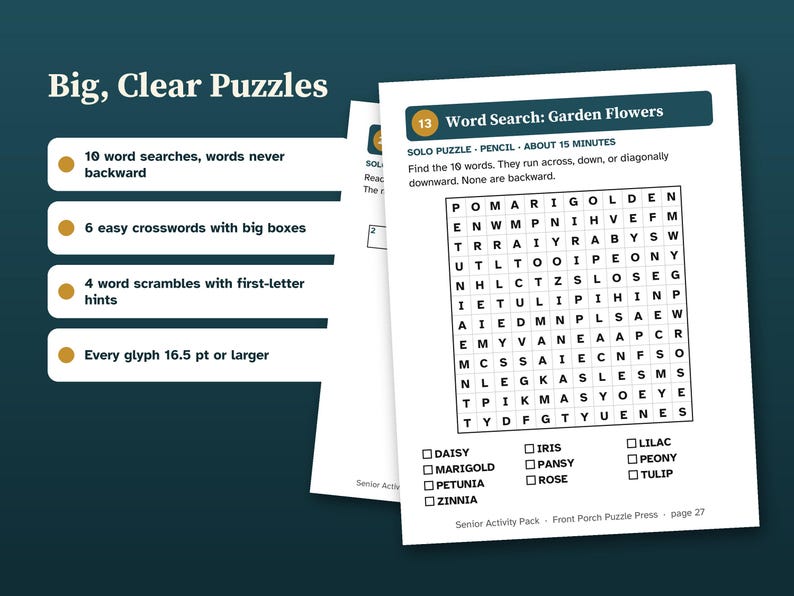 May include: A collection of activity pages titled Big, Clear Puzzles featuring word searches, crosswords, and word scrambles. The visible page is Word Search: Garden Flowers with a grid of letters and a list of flower names to find in 16.5 pt font.