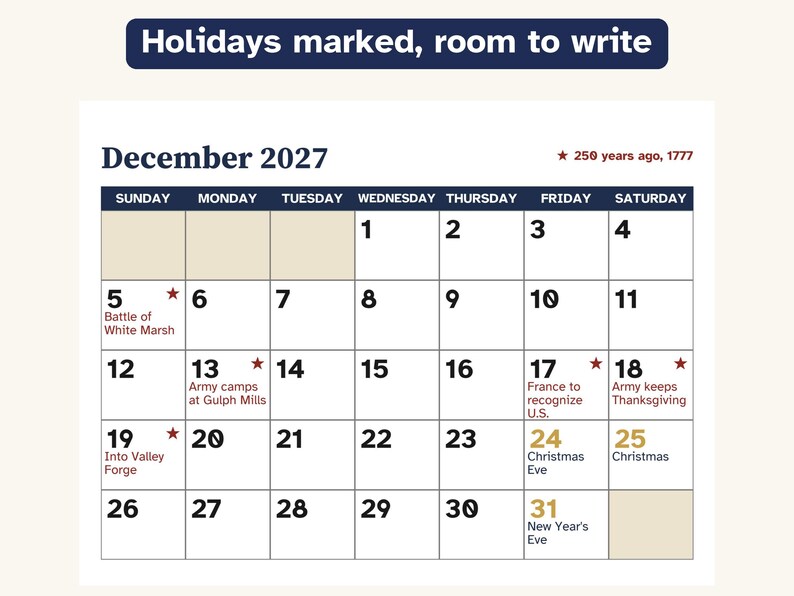 Printable 2027 Calendar, 250 Years Ago, American Revolution 1777 image 4