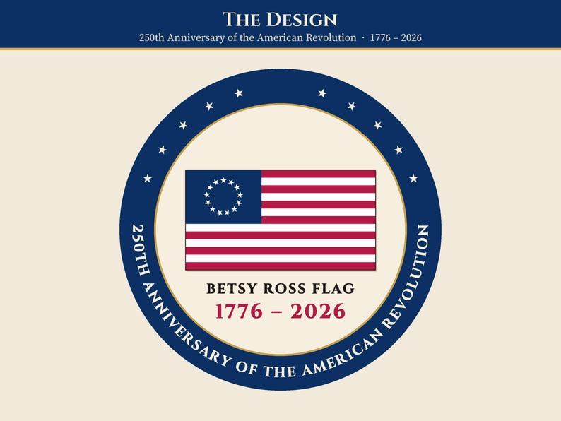 May include: A circular emblem featuring the Betsy Ross flag with thirteen stars in a circle on a blue field and red and white stripes. Text reads: THE DESIGN, 250th Anniversary of the American Revolution, 1776 &ndash; 2026, BETSY ROSS FLAG.