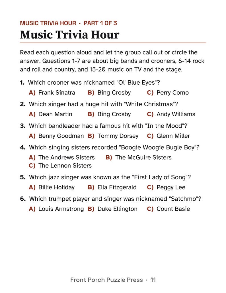 Music Trivia for Seniors, Large Print Activity Packet, Oldies Sing Along & Puzzles, Memory Care image 5