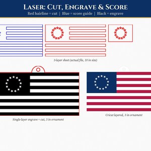 May include: A digital design file for laser cutting, engraving, and scoring an American flag ornament. Includes a 10-inch 3-layer sheet, a 3-inch single-layer engraved ornament, and a 3-inch layered ornament with red, white, and blue colors.