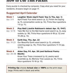 April Large Print Activity Packet for Seniors, Earth Day & Spring Puzzles and Trivia image 2