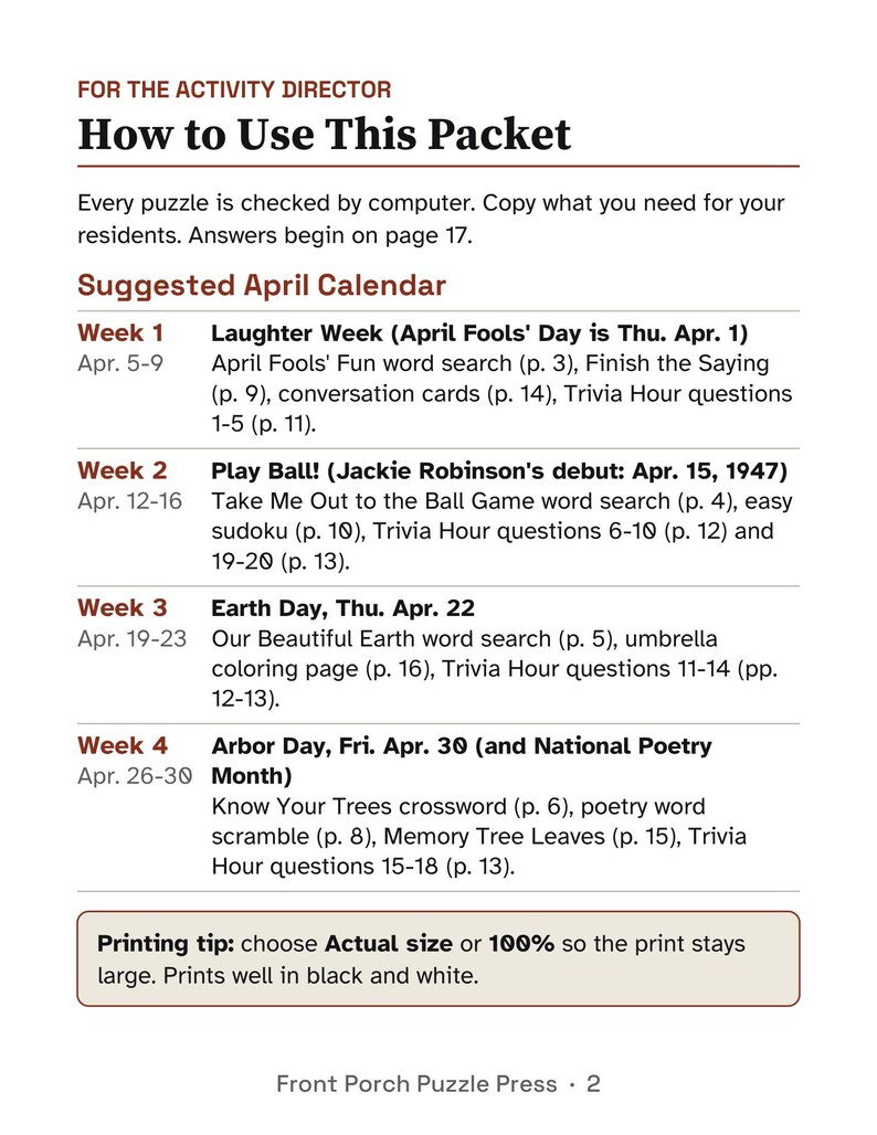 April Large Print Activity Packet for Seniors, Earth Day & Spring Puzzles and Trivia image 2