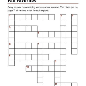 K&ouml;nnte beinhalten: Ein Kreuzwortr&auml;tsel mit dem Titel Fall Favorites und dem Untertitel Autumn Harvest Week. Die Seite enth&auml;lt Anweisungen, einen Buchstaben in jedes K&auml;stchen zu schreiben, ein Gitter mit nummerierten Hinweisen und den Text Front Porch Puzzle Press frontporchpuzzlepress.com 6.