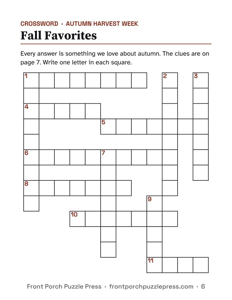K&ouml;nnte beinhalten: Ein Kreuzwortr&auml;tsel mit dem Titel Fall Favorites und dem Untertitel Autumn Harvest Week. Die Seite enth&auml;lt Anweisungen, einen Buchstaben in jedes K&auml;stchen zu schreiben, ein Gitter mit nummerierten Hinweisen und den Text Front Porch Puzzle Press frontporchpuzzlepress.com 6.