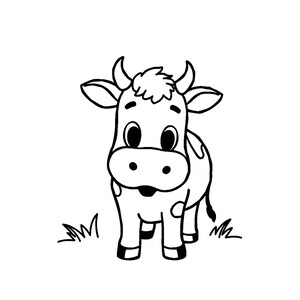 Puede incluir: Un dibujo de l&iacute;neas en blanco y negro de una vaca de pie sobre la hierba. La vaca tiene cuernos, ojos grandes y manchas en el cuerpo. La palabra Cow est&aacute; impresa en texto negro sobre la ilustraci&oacute;n. El dise&ntilde;o presenta contornos marcados.