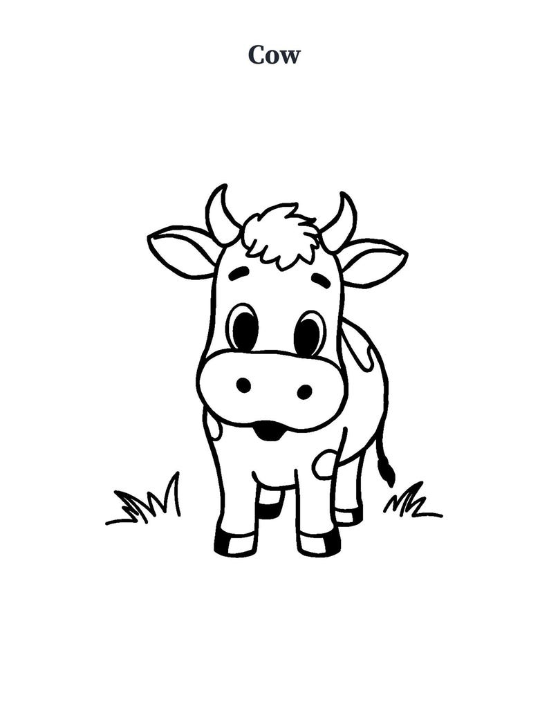 Puede incluir: Un dibujo de l&iacute;neas en blanco y negro de una vaca de pie sobre la hierba. La vaca tiene cuernos, ojos grandes y manchas en el cuerpo. La palabra Cow est&aacute; impresa en texto negro sobre la ilustraci&oacute;n. El dise&ntilde;o presenta contornos marcados.
