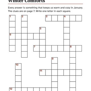 K&ouml;nnte beinhalten: Ein Kreuzwortr&auml;tsel mit dem Titel Winter Comforts und dem Untertitel Winter Comforts Week. Die Seite enth&auml;lt Anweisungen, einen Buchstaben in jedes K&auml;stchen zu schreiben, und zeigt ein Gitter mit nummerierten leeren Feldern.