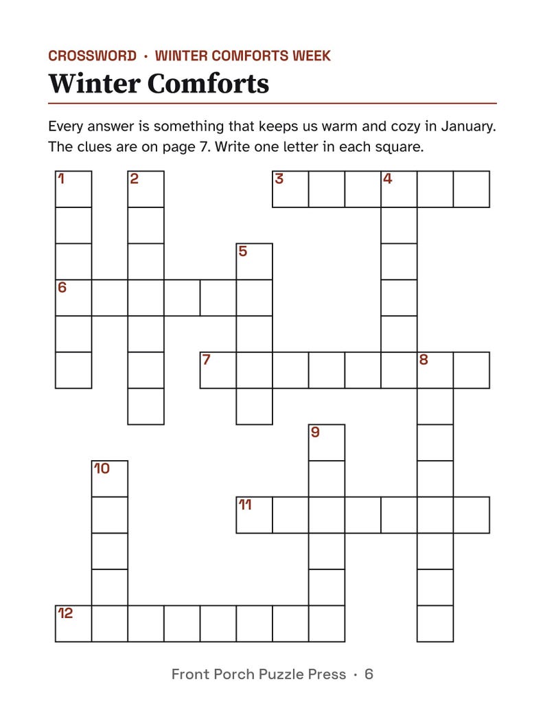 K&ouml;nnte beinhalten: Ein Kreuzwortr&auml;tsel mit dem Titel Winter Comforts und dem Untertitel Winter Comforts Week. Die Seite enth&auml;lt Anweisungen, einen Buchstaben in jedes K&auml;stchen zu schreiben, und zeigt ein Gitter mit nummerierten leeren Feldern.