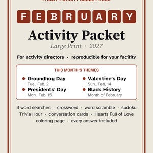 February Large Print Activity Packet for Seniors, Valentine & Presidents Day Puzzles PDF